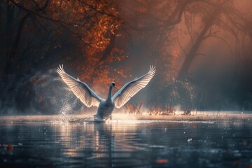 Elegant swan gracefully takes flight from mist-covered lake at sunrise
