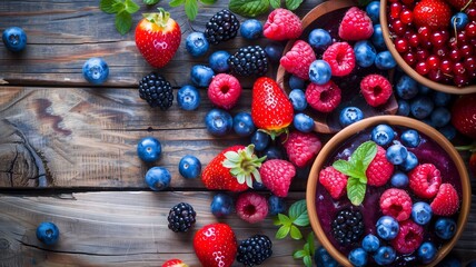 A table is adorned with colorful bowls filled with a variety of fresh fruit and vibrant berries,...