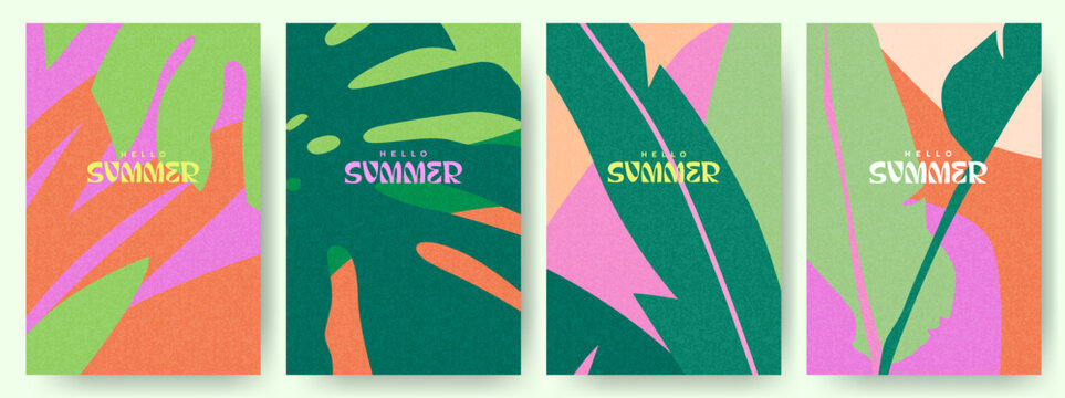 Creative concept of summer bright cards set with abstract tropical leaves. Modern art minimalist style design templates for celebration, ads, branding, banner, cover, label, poster, sales