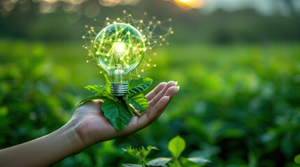 Hand holding a glowing light bulb surrounded by green leaves, symbolizing renewable energy and innovation.