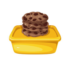 Box for lunch food and stack of chocolate cookies, cartoon lunchbox kit. Funny yellow plastic container with closed lid and biscuits for dessert, snacks for kids lunch cartoon vector illustration
