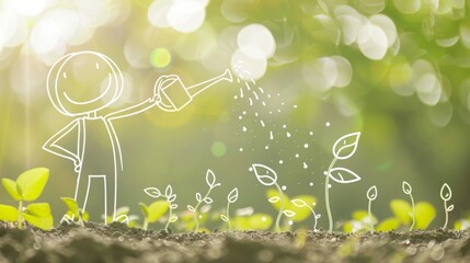Smiling Line Art Stick Figure Watering Seeds, Environmental Protection Concept, Bokeh Flower Garden Background, Detailed Hyper Realistic UHD