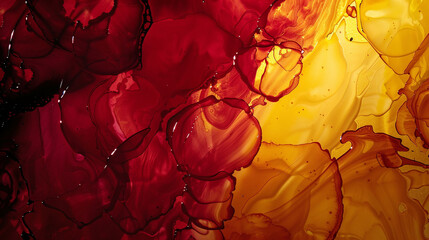 Abstract in mustard and deep red, alcohol ink with luxurious oil paint textures.