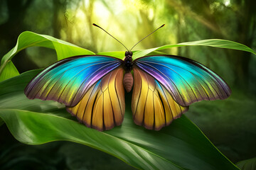 Monarch orange butterfly on a flower on a background of green foliage in a fairy garden.