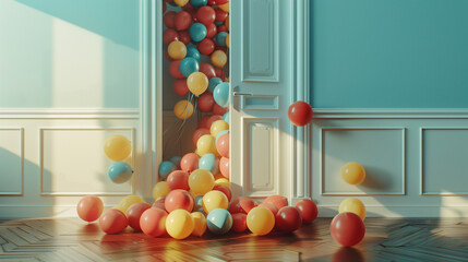 A room with a lot of balloons and a door that is open