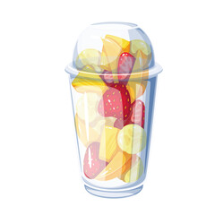 Plastic cup with healthy fruit pieces, cartoon vitamin lunchbox food. Funny mug with dome lid and sliced strawberry, peach and banana, cup with snack of school children cartoon vector illustration