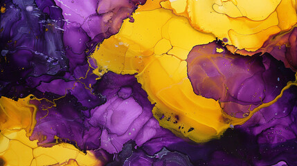 Abstract painting in sunflower yellow and deep purple, alcohol ink with oil paint texture.