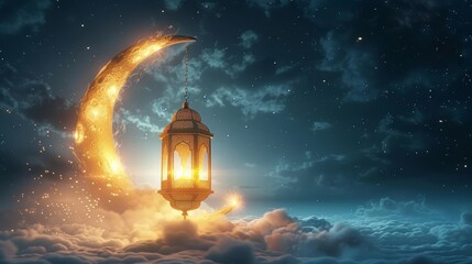 3d lantern hanging on crescent moon with clouds and stars, ramadan islamic concept background, space for text,