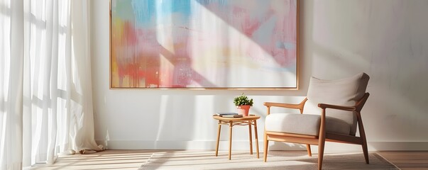 Bright and Airy Minimalist Room with Wooden Armchair Round Table and Colorful Abstract Painting on Wall