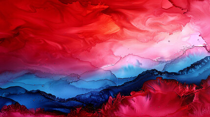 Abstract painting in crimson red and night sky blue, alcohol ink with oil paint textures.