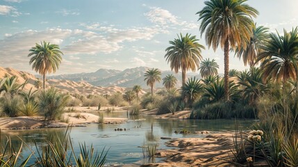 Tranquil oasis with palm trees and mountain backdrop