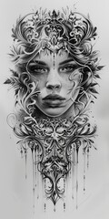 A woman's face is drawn in black and white with a floral design