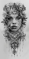 Fototapeta premium A woman's face is drawn in black and white with a floral design