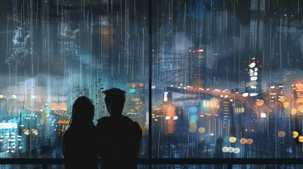 The silhouette of a couple gazing out a window at a rainy cityscape, sharing a quiet moment