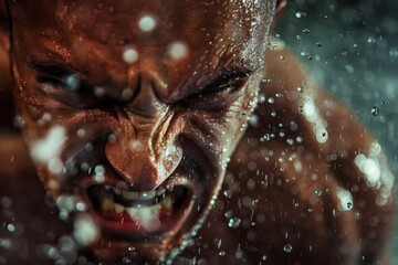 Close-up of a face contorted in exertion, teeth gritted, droplets of sweat flying as a weightlifter pushes to their limit