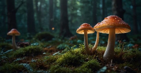 Fototapeta premium Detailed digital art portraying a fantasy enchanted forest with magical mushrooms. Stunning macro shot of magic fungus bathed in mystical light.