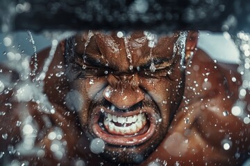 Close-up of a face contorted in exertion, teeth gritted, droplets of sweat flying as a weightlifter pushes to their limit - obrazy, fototapety, plakaty
