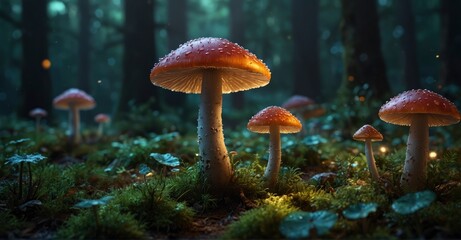Detailed digital rendering of a fantasy enchanted forest with magical mushrooms. Exquisite macro shot of magic fungus illuminated by mystical light.