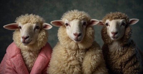 Obraz premium Fashion-forward sheep lambs don stylish outfits against solid background, ideal for birthday party invites and banners with copy space