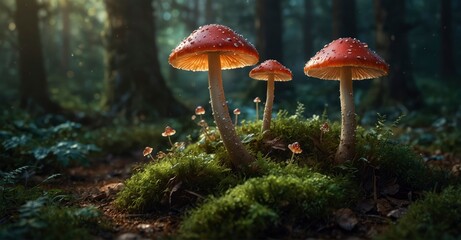 High-detail digital illustration of a fantasy enchanted forest with magical mushrooms. Gorgeous macro shot of magic fungus shimmering under enchanting light.