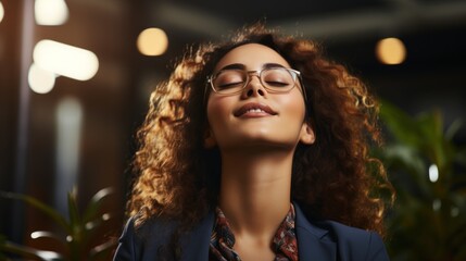 Joyful Businesswoman Enjoying a Break in a Modern Office Setting