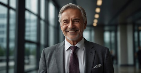 Fototapeta premium High-detail image of successful senior businessman consultant smiling in modern office building
