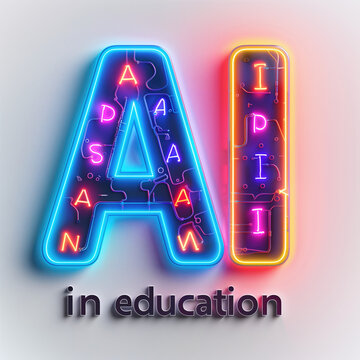 AI, IA, Inteligencia Artificial en la educaci&oacute;n, dise&ntilde;o y construcci&oacute;n de tableros electr&oacute;nicos, con luces de ne&oacute;n, gr&aacute;fico, colores vivos, "in education", carteles personalizados, electricidad 