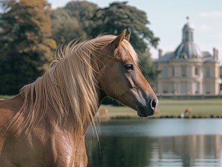 A brown horse with long hair stands in front of a house. The horse is looking at the camera