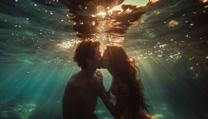 Couple shares a kiss underwater, backlit by a warm sunset