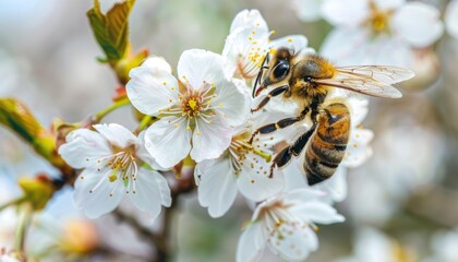 Close-up of a bee on delicate white cherry blossoms in springtime