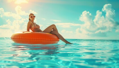 Woman relaxing on pool float in sunlit water
