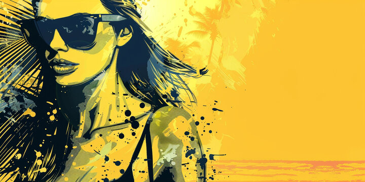 Illustrated banner of summer, sun, beach with copy space at right side, beautiful woman in sunglasses at left in paint splatter technique in yellow and black colors
