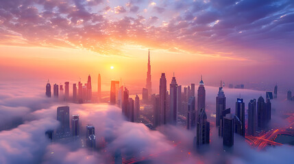 A photo featuring a bustling urban skyline at sunrise. Highlighting the glittering skyscrapers and waking city streets, while surrounded by morning fog