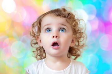 Close-up portrait of a surprised young child with wide blue eyes and open mouth, set against a vibrant, multicolored bokeh background that accentuates the emotion of wonder