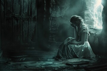 Somber depiction of a young woman, seated alone amidst the decay of an abandoned setting, evoking themes of isolation, mental distress, and the haunting presence of despondency