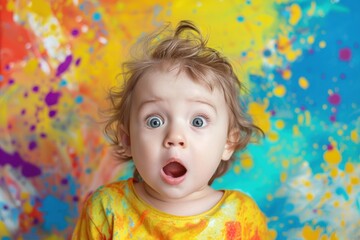 Young child looks stunned with a cute surprised expression, wide eyes, and mouth agape, set against a vibrant, colorful, and playful paint-splattered backdrop