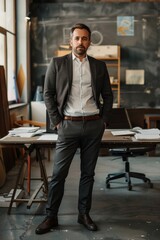 Confident professional man exudes leadership and poise in a contemporary office setting, standing proudly with hands in pockets in a tailored suit