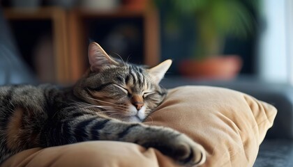 Adorable Cat Sleeping Peacefully on Pillow