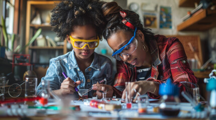 LGBTQ+ parent helping their child with science project at home, table cluttered with project materials, both wearing safety goggles, a moment of discovery and excitement, Photorealistic image, photogr