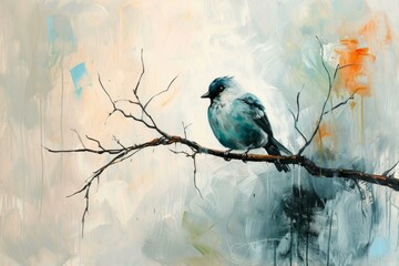 Bird oil branch painting. Colorful wall. Generate Ai