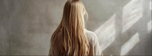 Photo of an American woman with long, straight blonde hair, facing away from the camera, against a white background. The image is shot from behind, with no visible face. 