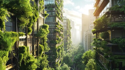 The picture about the apartment and building that has been covered with green plant or tree that covered almost every part of the buildings under the bright light from the sun in the daytime. AIGX03.