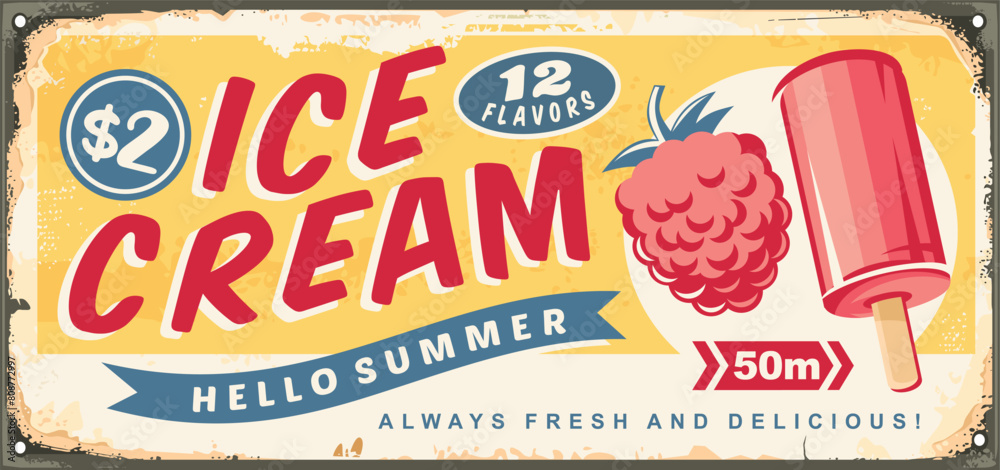 Wall mural Ice cream sign on old vintage tin background. Retro advertisement with pink ice cream on a stick and juicy delicious raspberry fruit. Vintage vector food illustration. Delicious summer dessert.