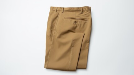  neatly folded pair of khaki pants against a white backdrop.