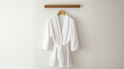 a white robe hanging on a wooden hanger against a light wall