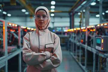 Arab female scientist in hijab observing scientific data in a robotic lab looking at camera. 