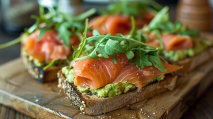 A wooden cutting board is adorned with slices of wheat bread, topped with fresh salmon and creamy avocado, creating a mouthwatering and artistic display of culinary mastery
