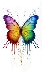 image of rainbow liquid splash emanating from a white butterfly against a white background. Ensure the liquid appears to flow gracefully, with its colors spreading perfectly