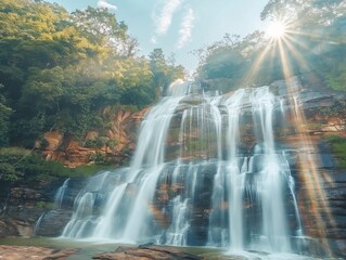 A waterfall with a bright sun shining on it. The water is flowing down the rocks and the sky is clear