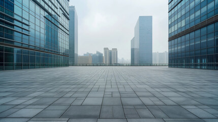 Urban office towers with open plaza on overcast day